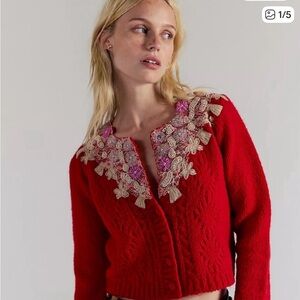 Free People Red Cardigan with Floral Embroidery
